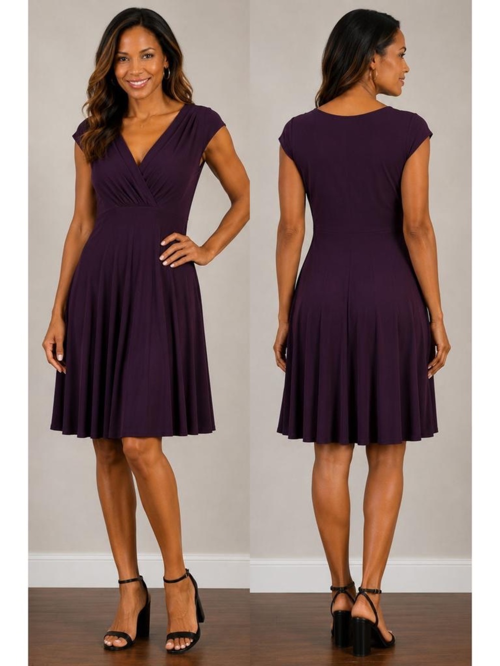Ralph Lauren Cap-Sleeve V-Neck Fit-and-Flare Dress - Plum
